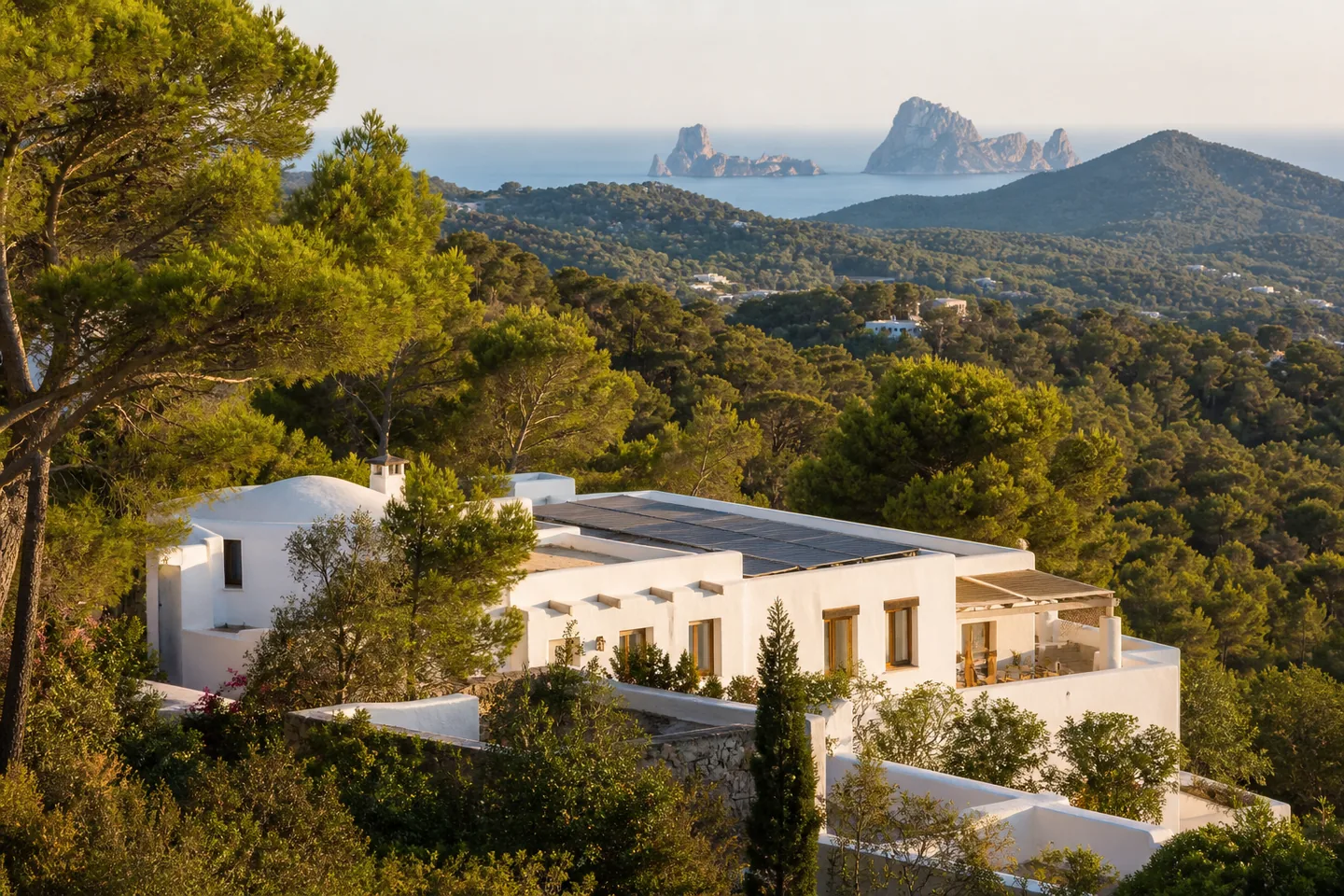Ibiza hillside villa with a discreet flat-roof solar array