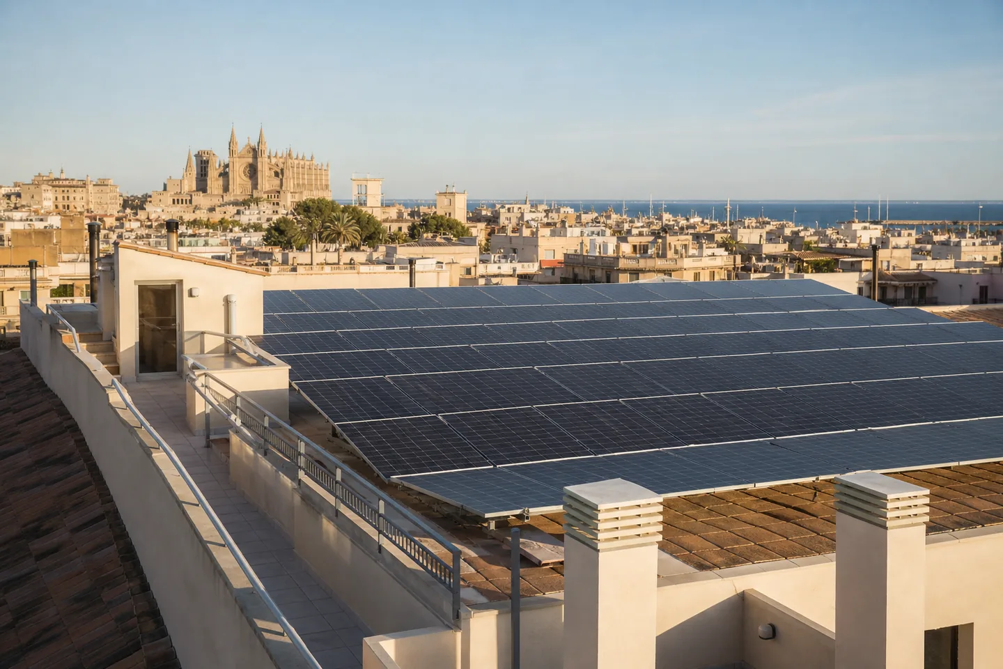 Large solar array on an urban Palma rooftop