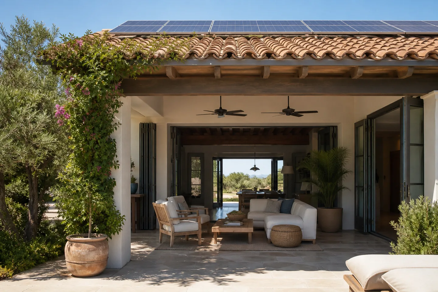 Shaded Balearic villa terrace with solar panels above
