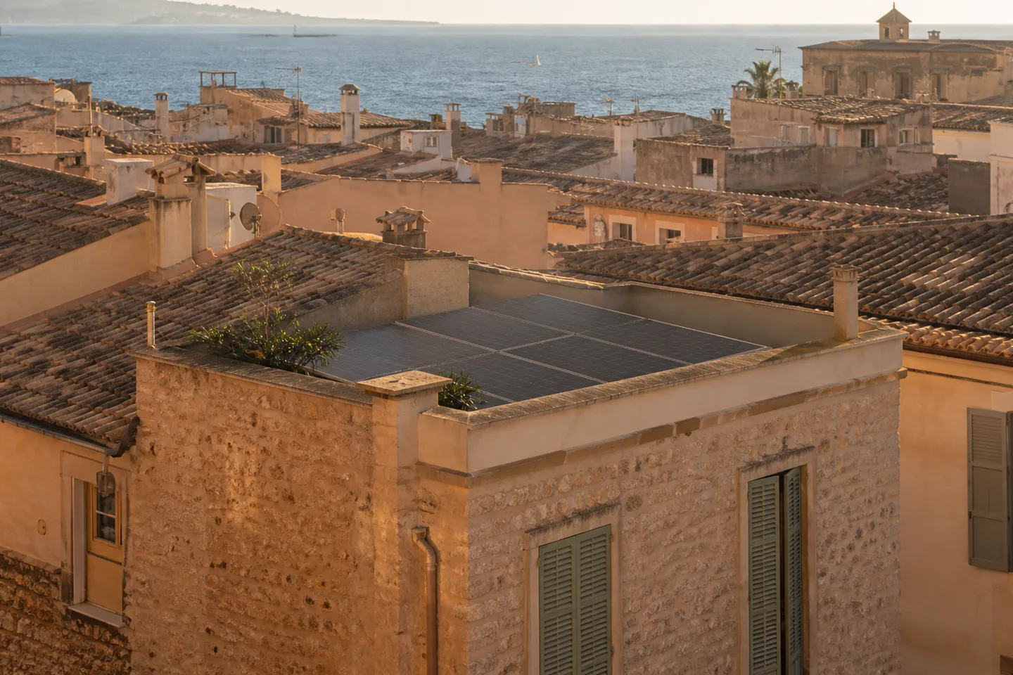 Discreet solar panels among warm stone town rooftops