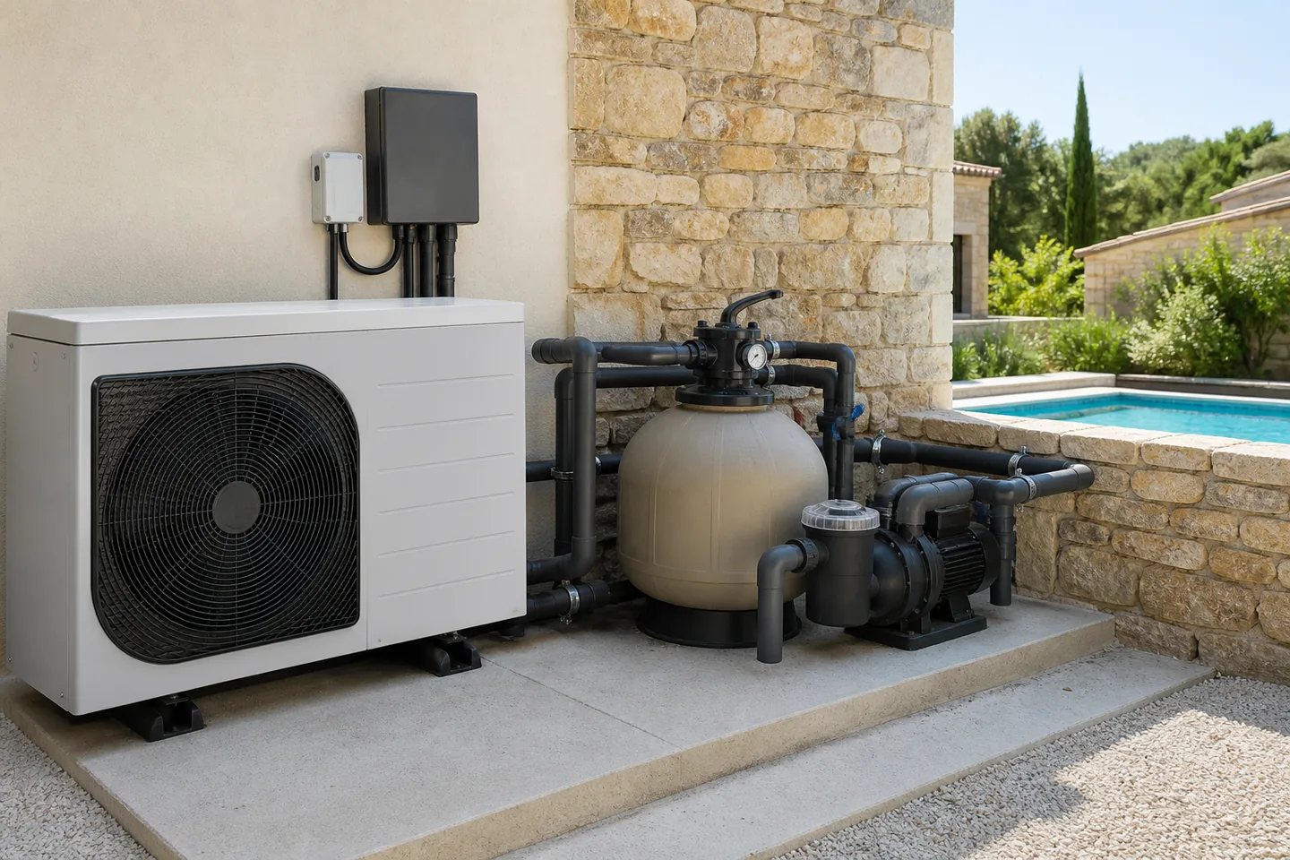 Pool heat pump and filtration equipment beside a villa pool