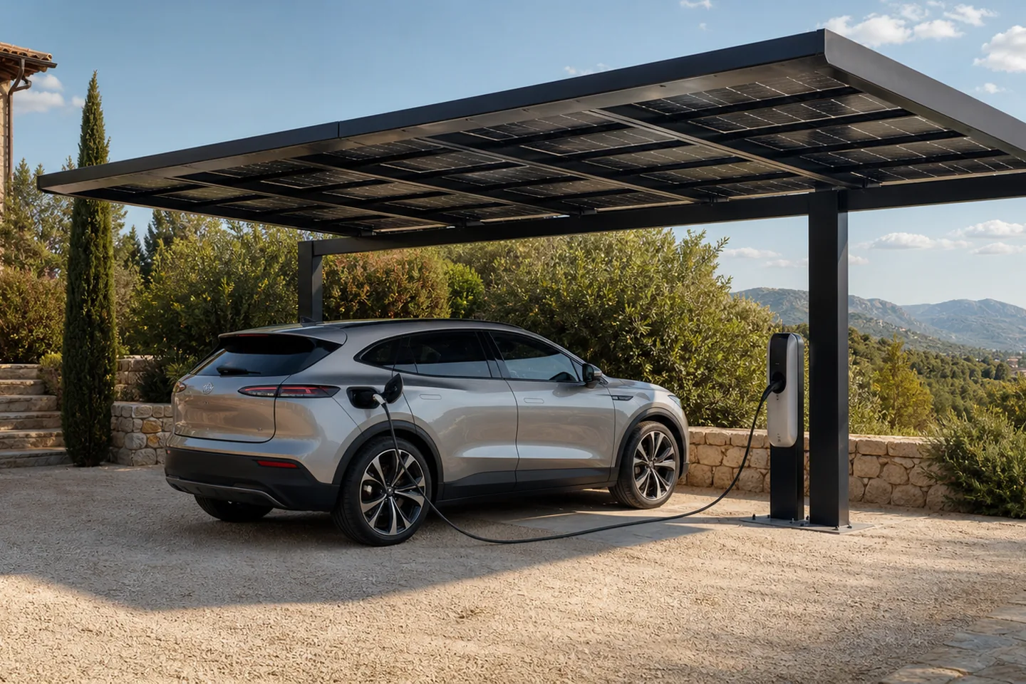 Electric car charging beneath a solar-panel carport