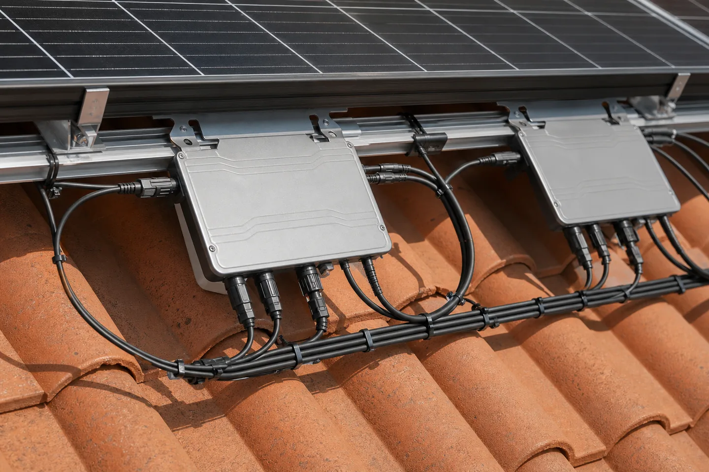 Microinverters and managed cabling beneath solar panels