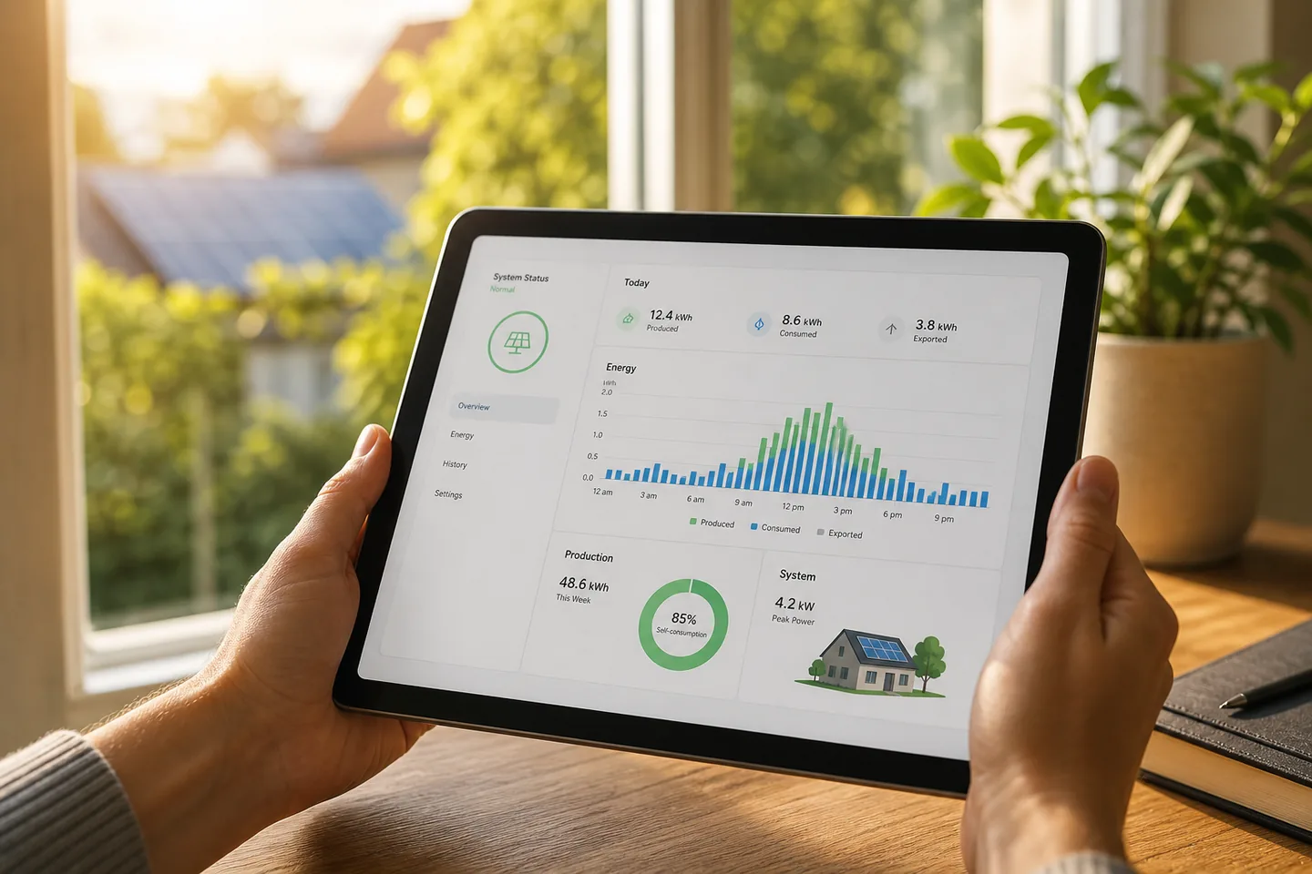 Tablet displaying a household solar monitoring dashboard