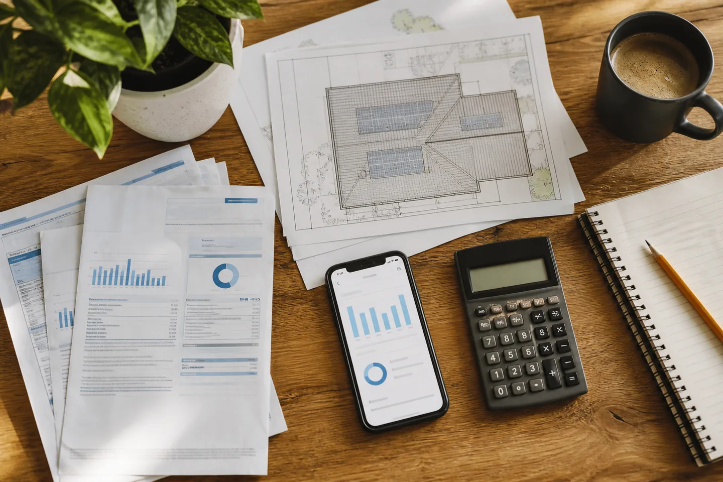Bills, roof plans and tools prepared for a solar assessment
