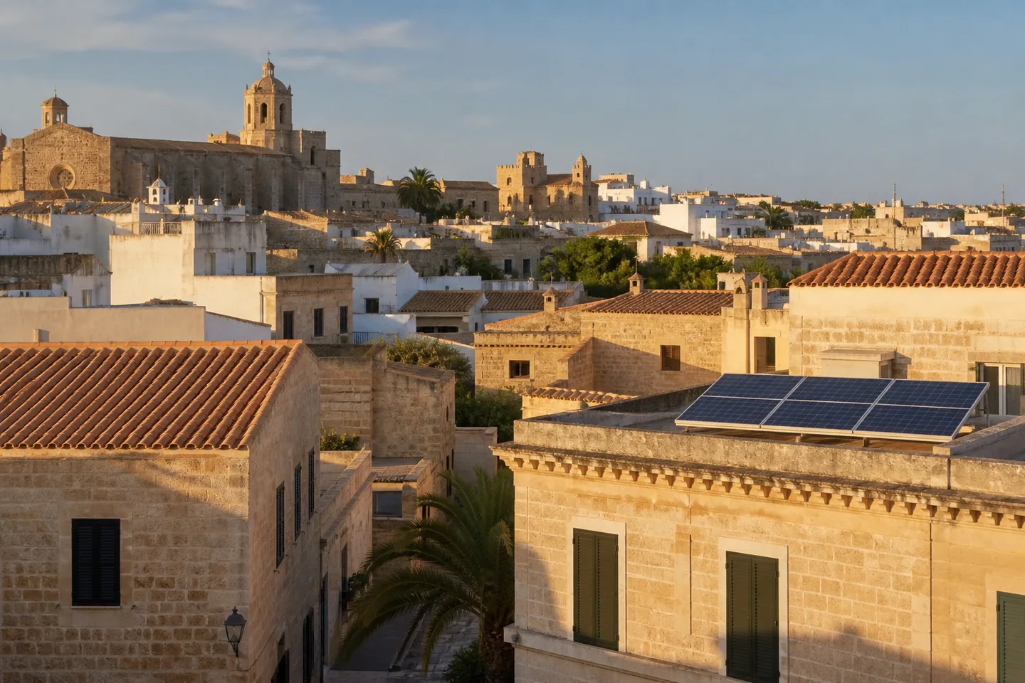 Solar panels above the sandstone roofs of Ciutadella