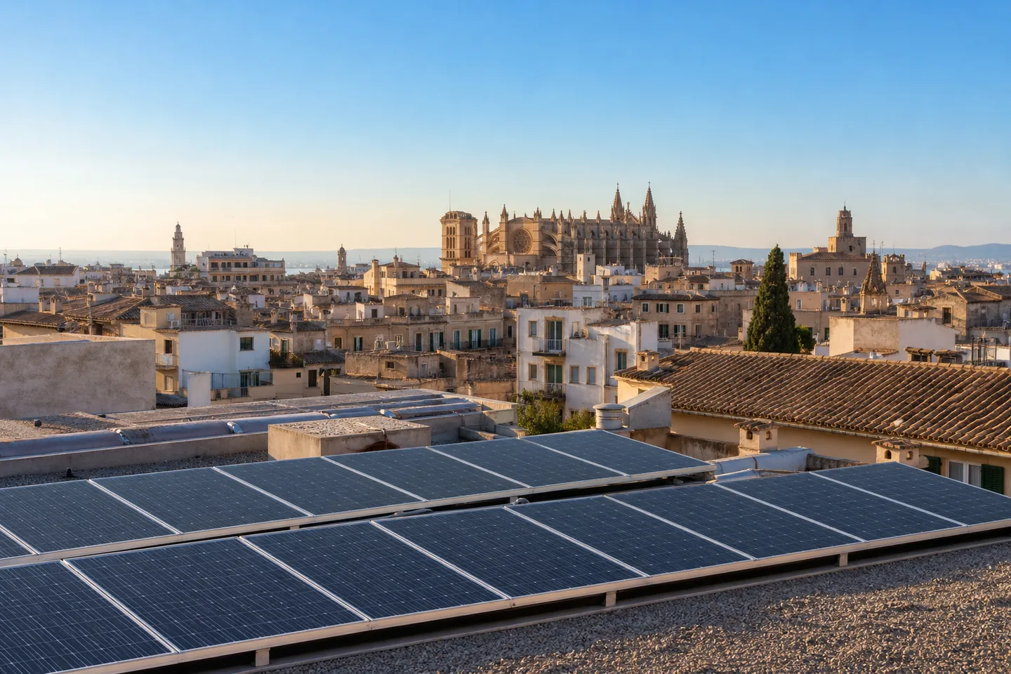 Solar panels across a Palma rooftop skyline