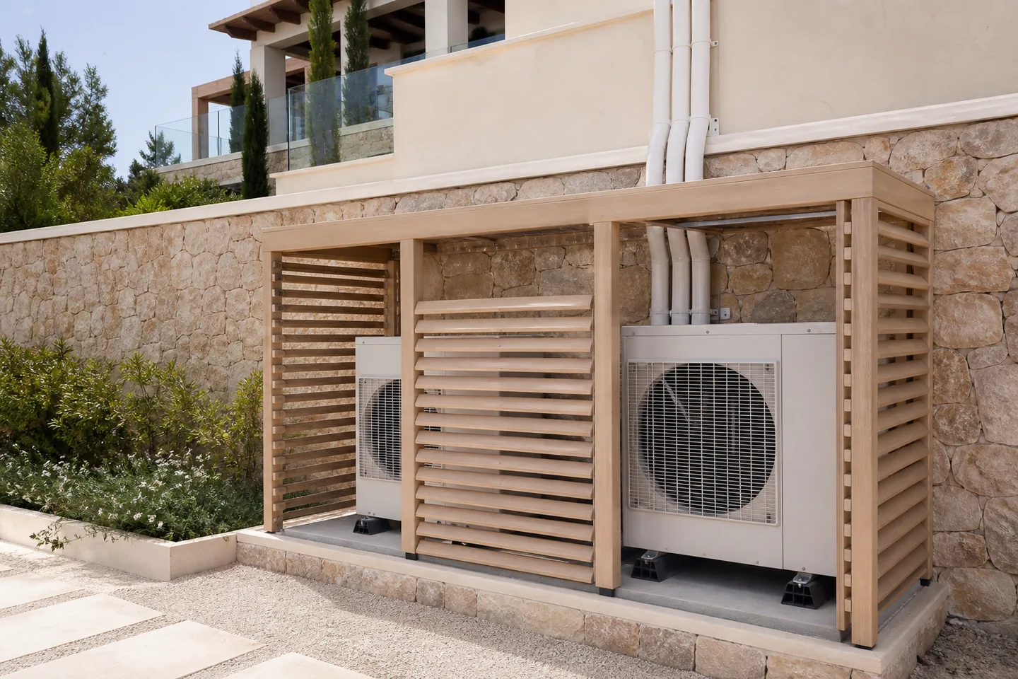 Air-conditioning outdoor units in a ventilated timber screen