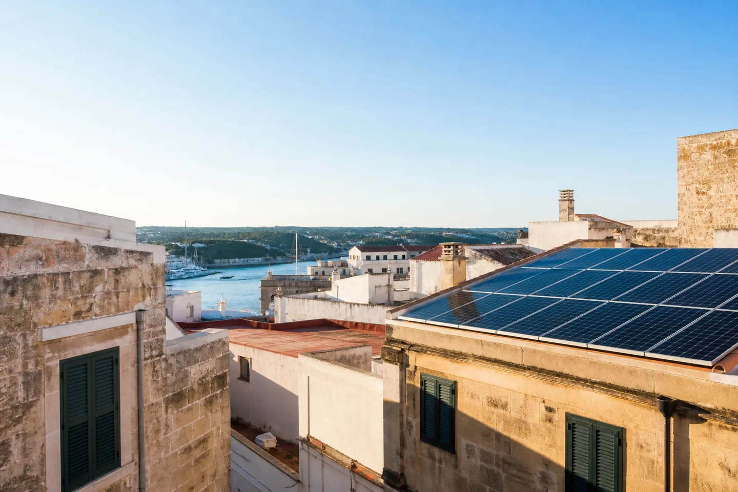 Solar panels on a Menorcan townhouse near the harbour