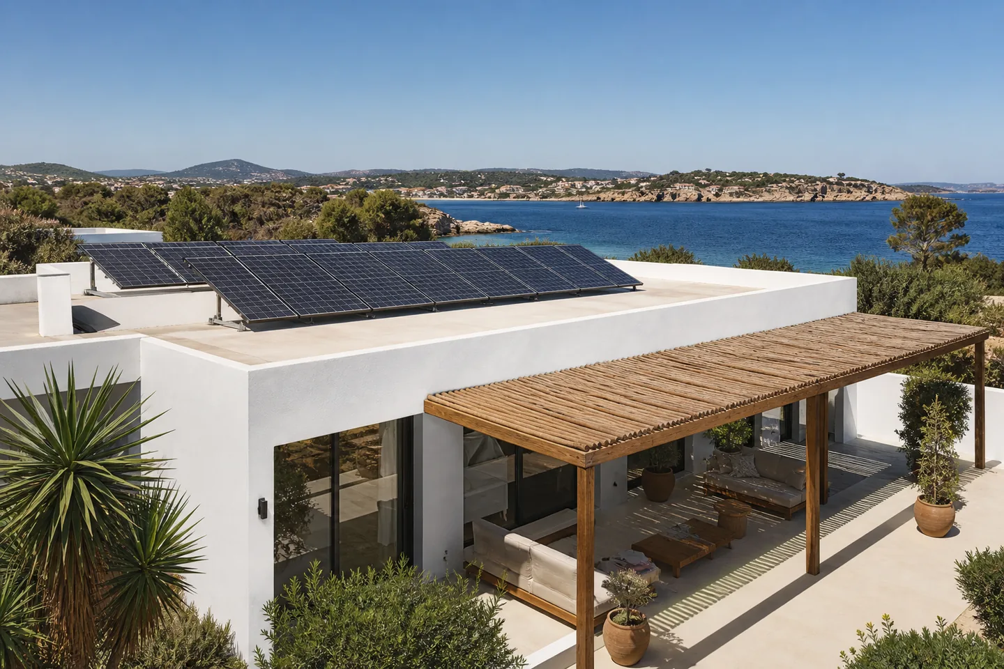 Ibiza coastal villa with a technically plausible rooftop array