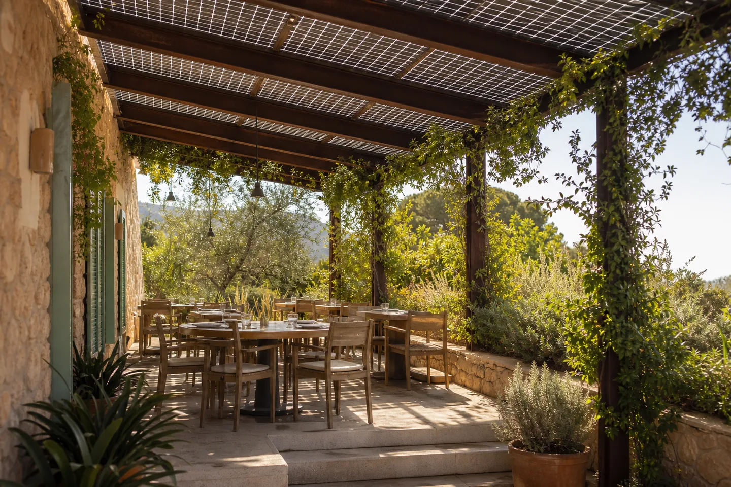 Solar-panel pergola shading a Mediterranean restaurant terrace
