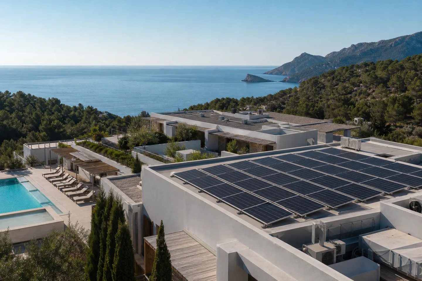 Solar array on a coastal Balearic hospitality property