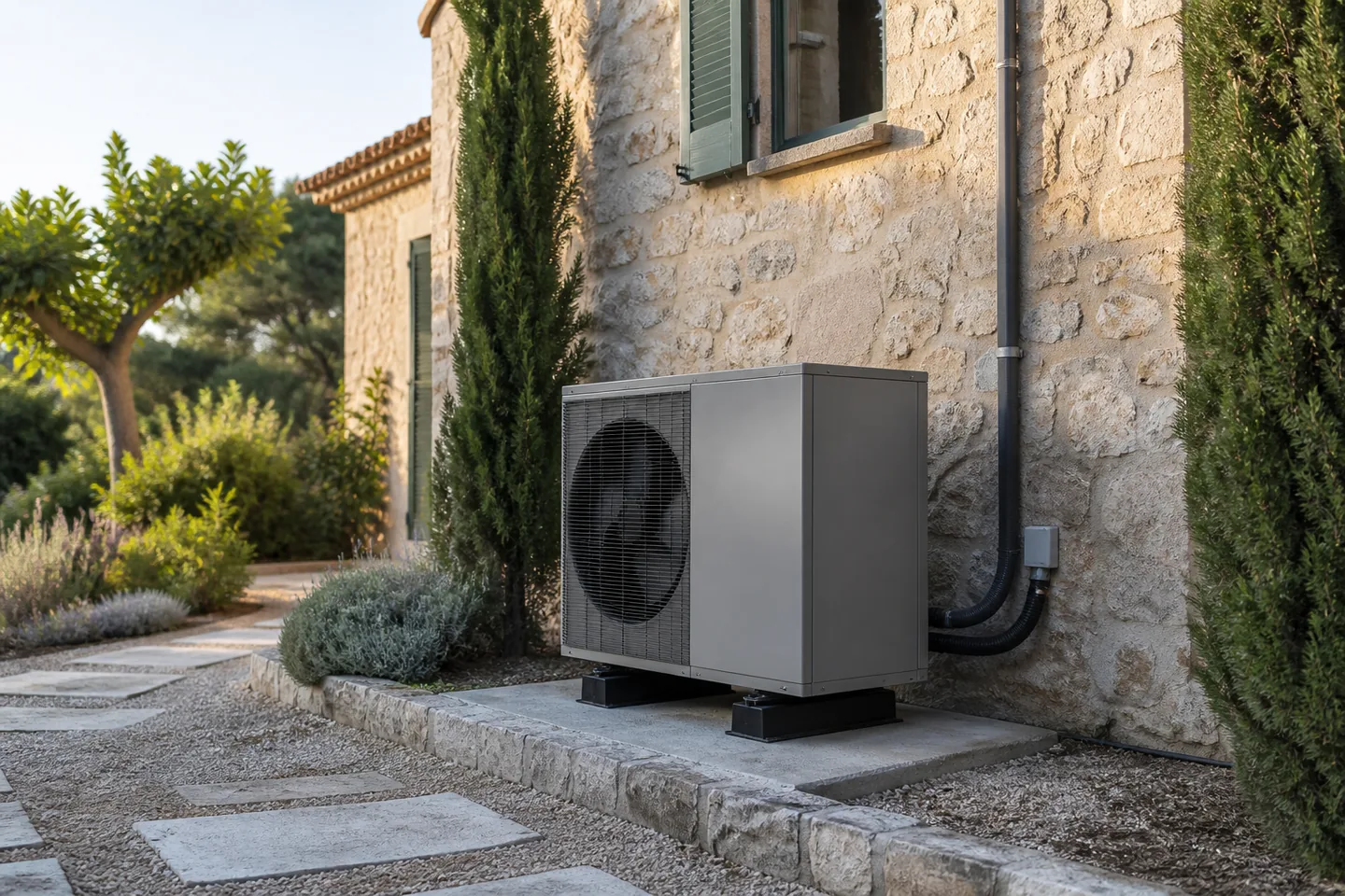 Air-source heat pump beside a limestone finca wall